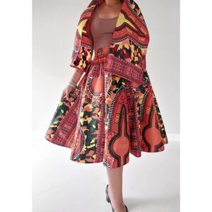 Women Mid Length Dashiki Print Skirt- Orange with headwrap (free size)